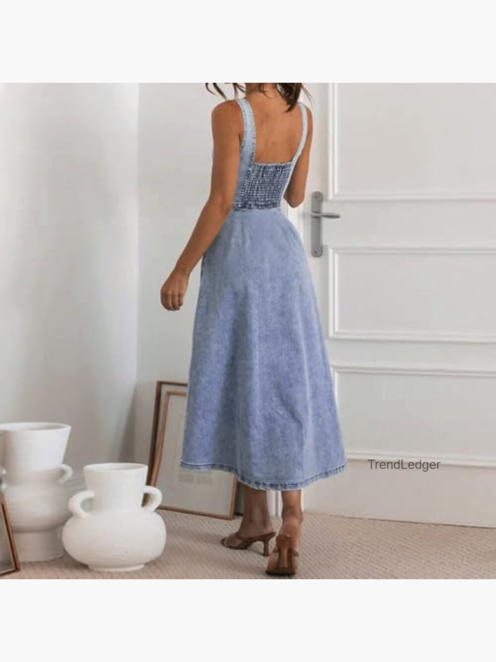 Sleeveless Button Down Slim Fit Midi Jean Dress A-Line - Picture 6 of 7